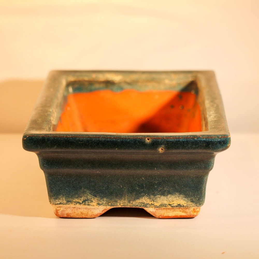 Blue green glazed terracotta shallow rectangular bonsai planter 7 x 5