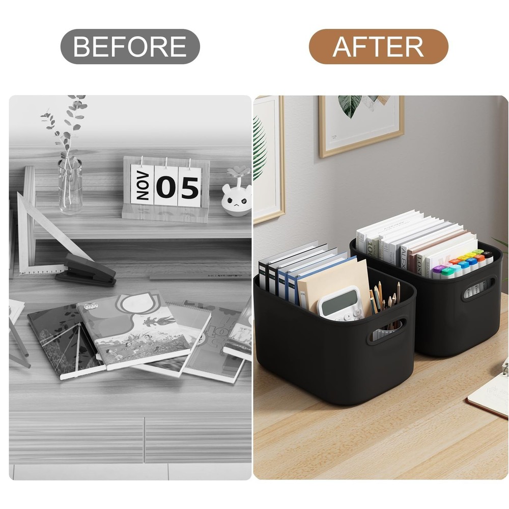 8 Pack Black Storage Bins with Lids Stackable Storage Container for Organizin...