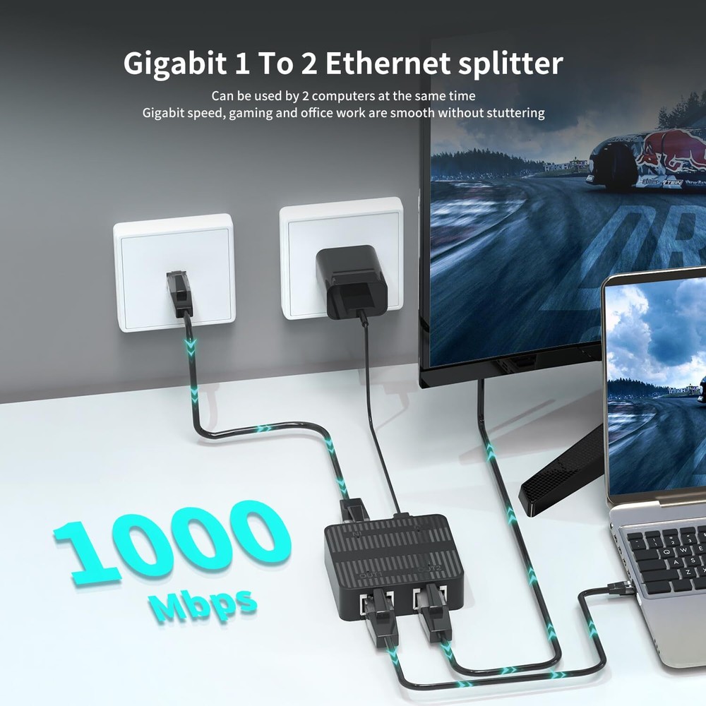 Gigabit Ethernet Splitter 1 to 2 Devices Simultaneously Networking 1000Mbps H...