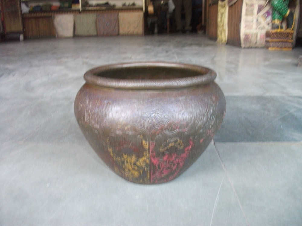 Vintage Brass Lacquer Floral Inlay Engraved Unique Shape Solid Bowl/Planter
