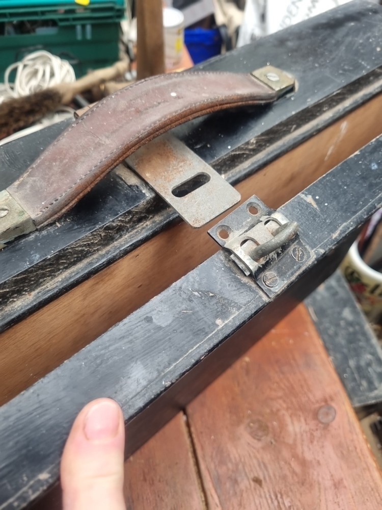 Wooden carpenters toolbox leather handle