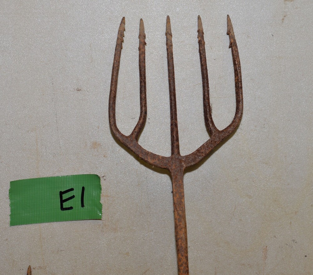 2 antique blacksmith forged tools eel frog fish gig spear & fork collectible E1