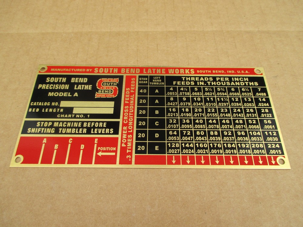 SOUTH BEND 9A LATHE PLATE THREADING CHART TAG Brass TAG with Mounting Hardware