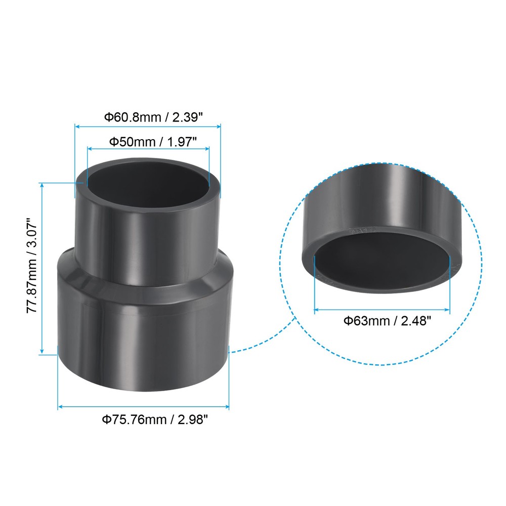 2 x UPVC Reducer Pipe Fitting 2.5"x2" Socket Straight Coupling Adapter Grey