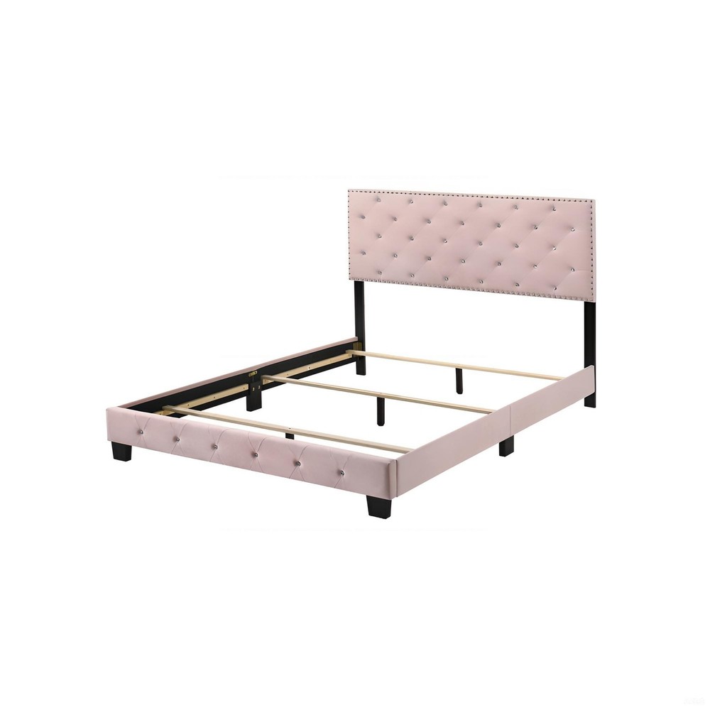 Chic Pink Transitional Full Bed, Wooden Bed Frame with Headboard