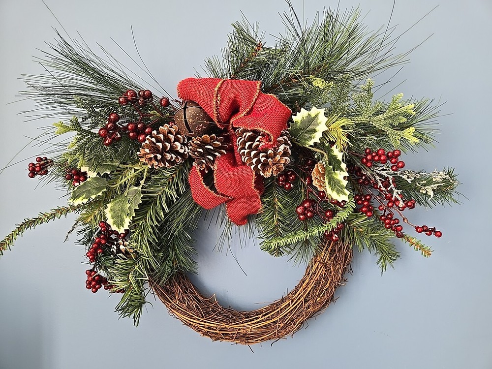 20" Mixed Greenery with Pinecones Berries Bow Vine Artificial Christmas Wreath