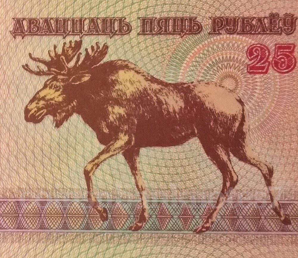 1992 Belarus 25 Rublei Banknote, P6 Uncirculated/ Moose