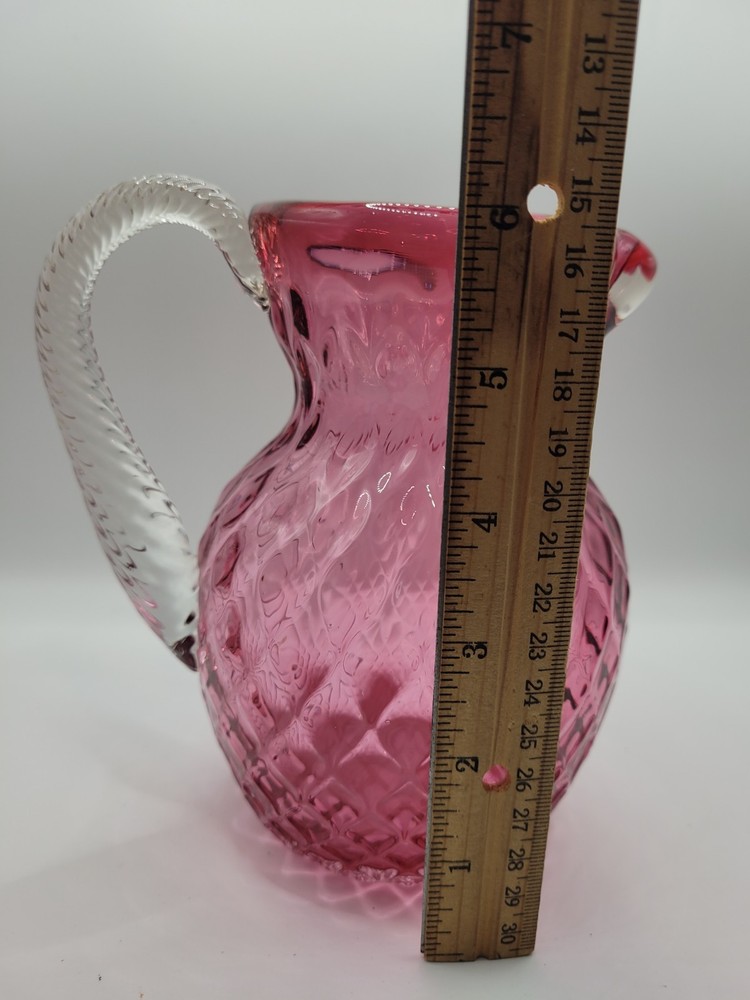 Cranberry Art Glass Pitcher Diamond Pattern With Applied Clear Handle