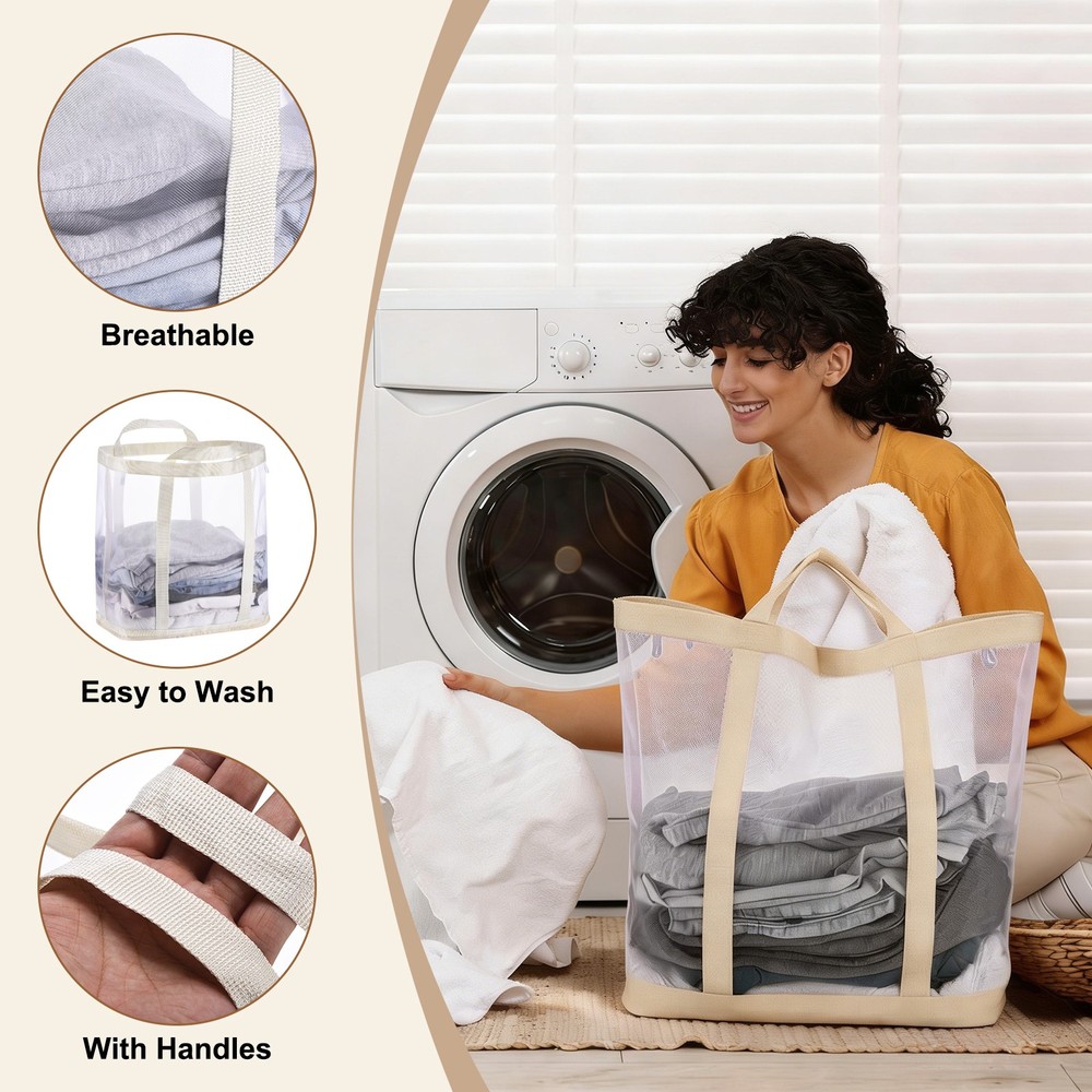 Collapsible Basket Mesh Hamper with Handles Foldable Bag Beige Extra Large