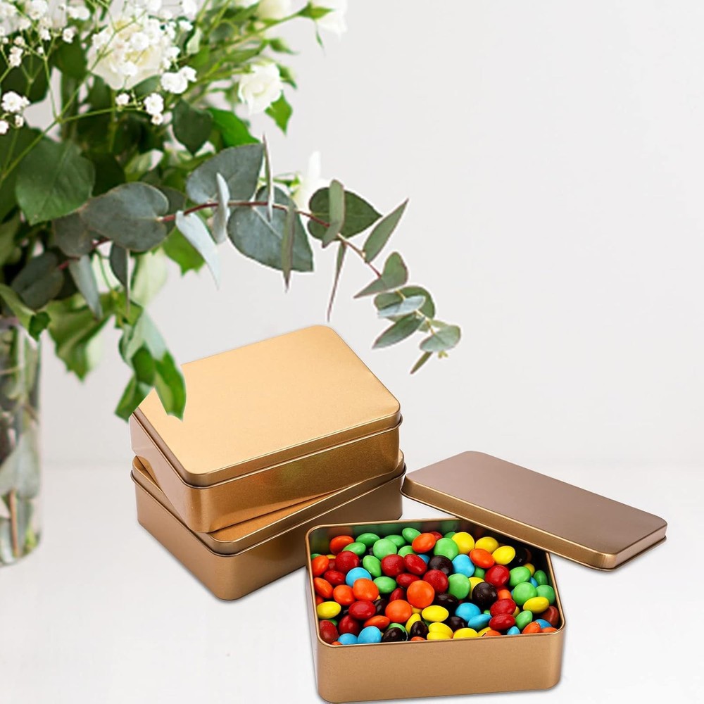 Peohud 16 Pack Rectangular Tin Boxes with Lids, Empty Hinged Tins, Metal Gold