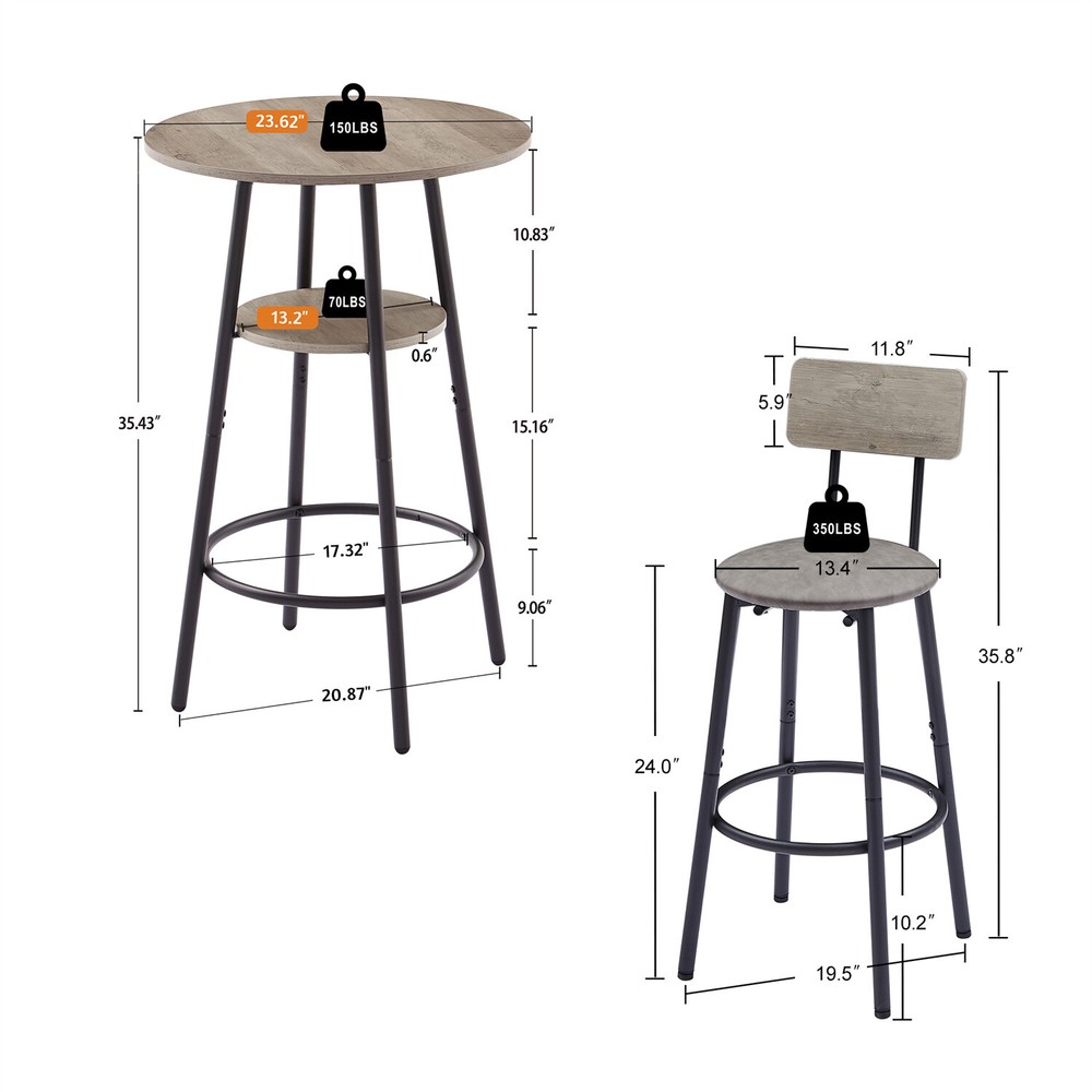 3 Piece Bar Table Set Counter Height Kitchen Pub Table w/ 2 Upholstered Stool US