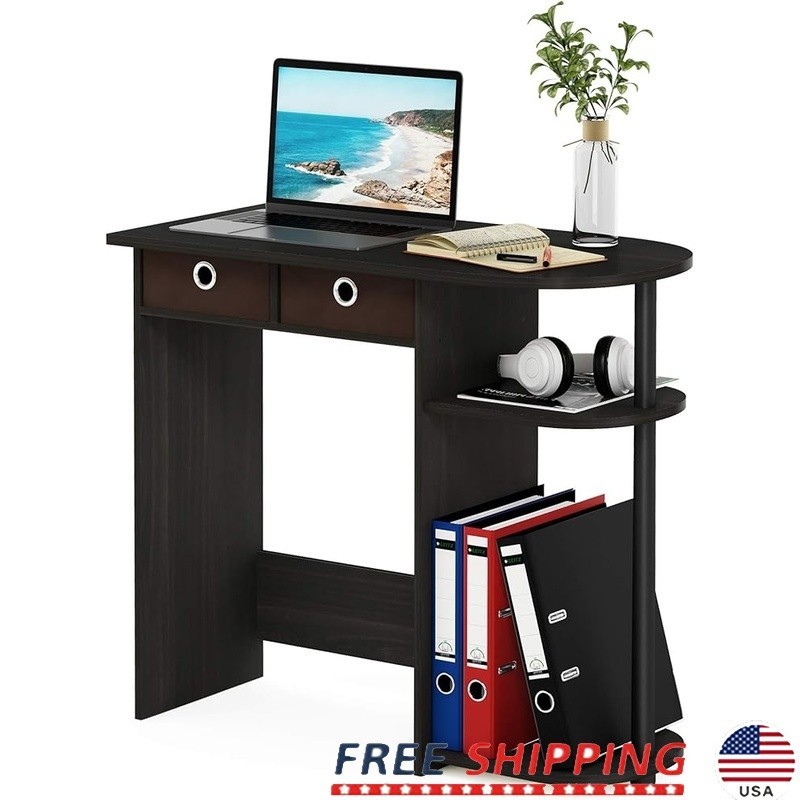 Stylish Compact Computer Desk W/ 3 Open Side Shelves Home Office Study Espresso