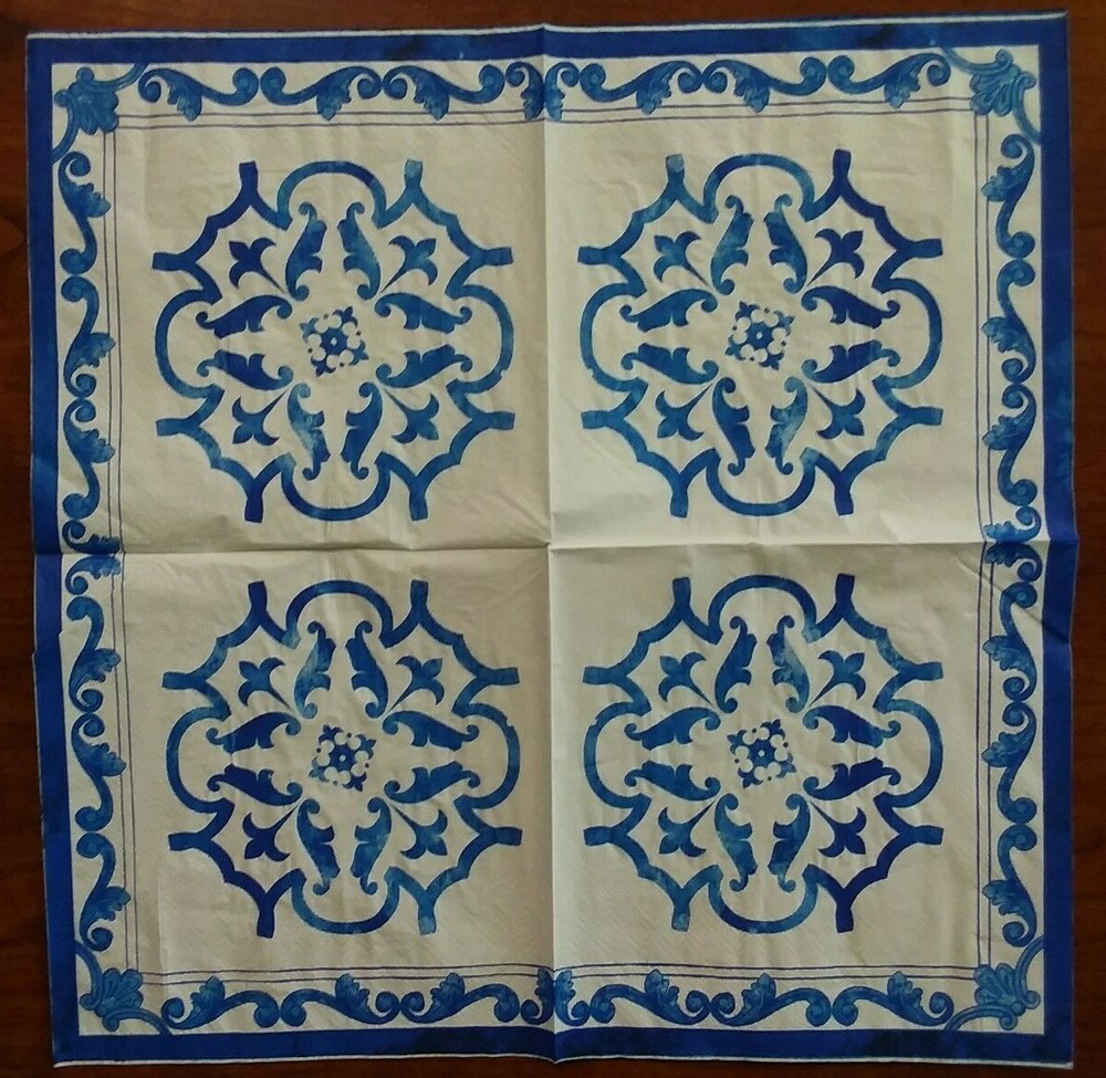 2 Pretty Paper Napkins, a Blue Medallion w/ a Blue Scroll & a Solid Blue Border 