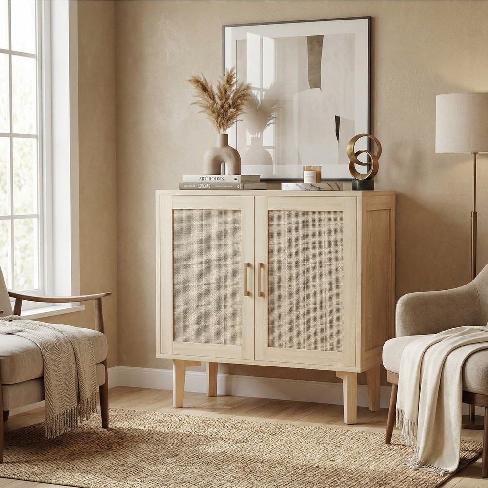 ↑Buffet Cabinet With Rattan Decor Doors Solid Wood Feet Multifunctional