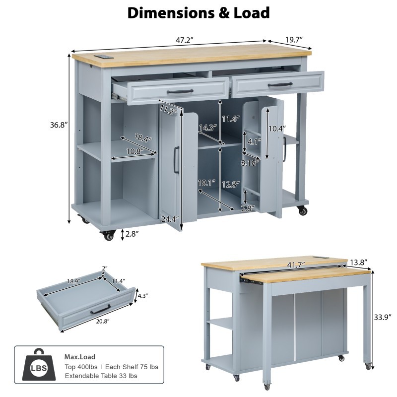 Kitchen Island with Extendable Dining Table, Rolling Wheels, Storage, Power