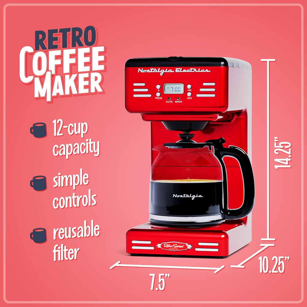 Nostalgia Retro 12-Cup Programmable Coffee Maker with LED Display, Automatic Shu
