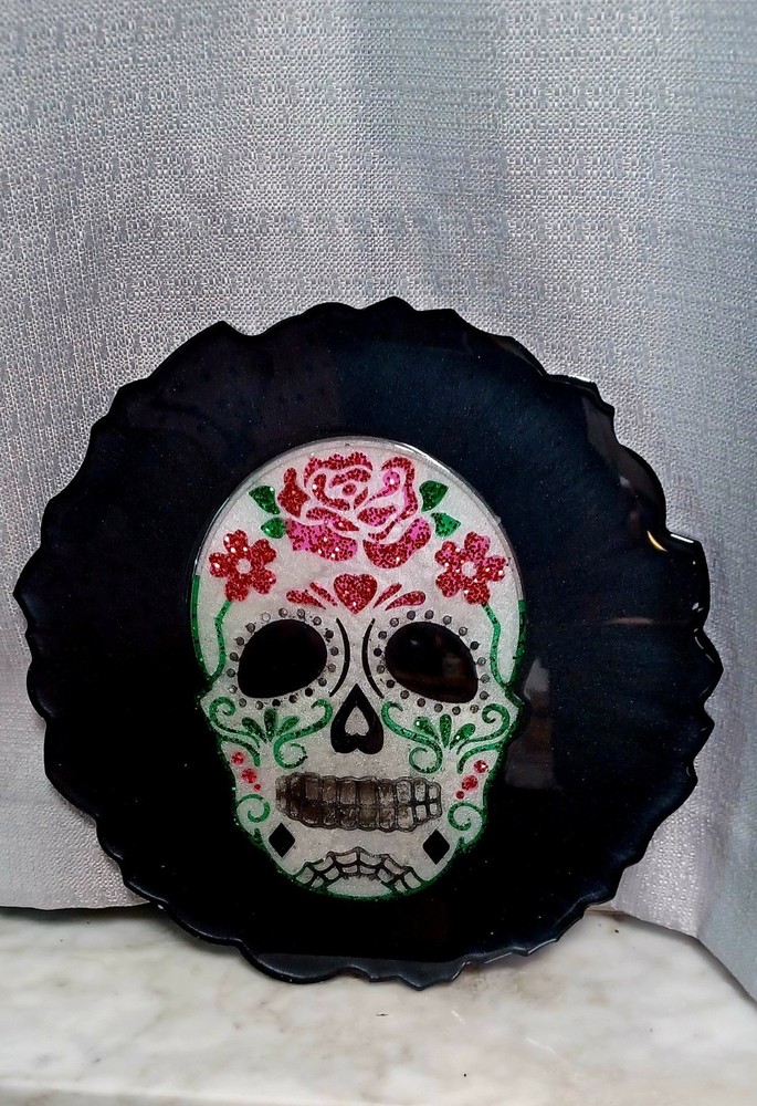 This is an original handmade Sugar Skull resin art work.