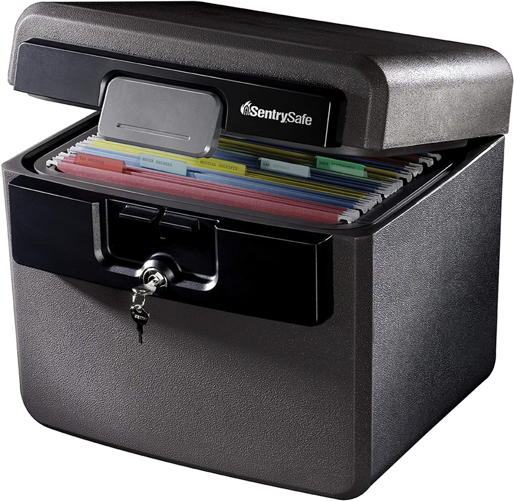 Black Fireproof and Waterproof Safe, File Folder and Document Box with Key Lock,