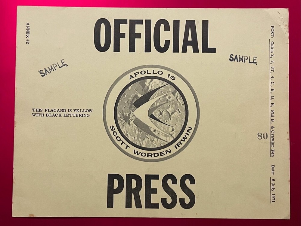 APOLLO 15 1971 OFFICIAL PRESS SAMPLE AUTHORIZATION YELLOW VEHICLE PERMIT PASS
