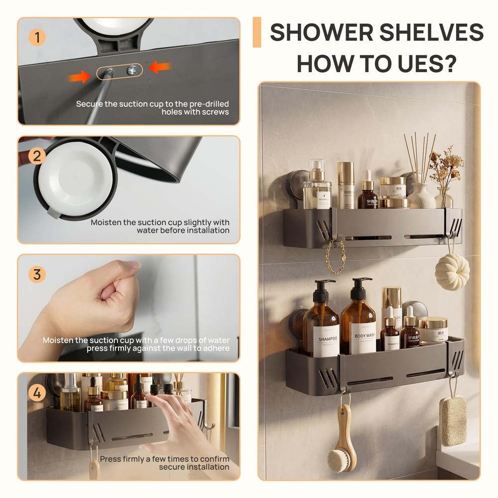 2-Tier Aluminum Suction Cup Square Shower Caddy, Rustproof No Drilling Bathro...