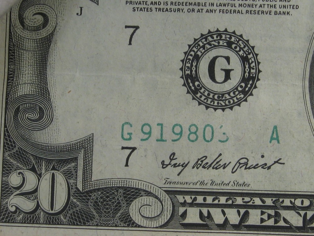 ERROR Note:1950-A $20 FRN w/ Missing Serial Numbers - Print over Foreign Object.