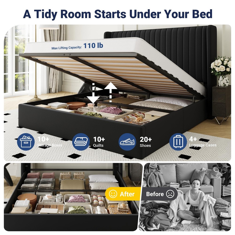Queen Size Lift Up Storage Bed Frame, Hydraulic Support System, Upholstered P...