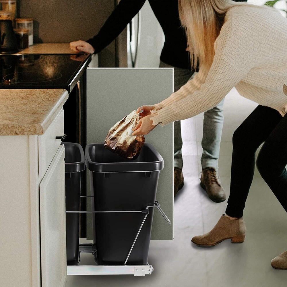 Double 35 Quart Pull Out Trash Can Waste Bin Container Under Kitchen Cabinet