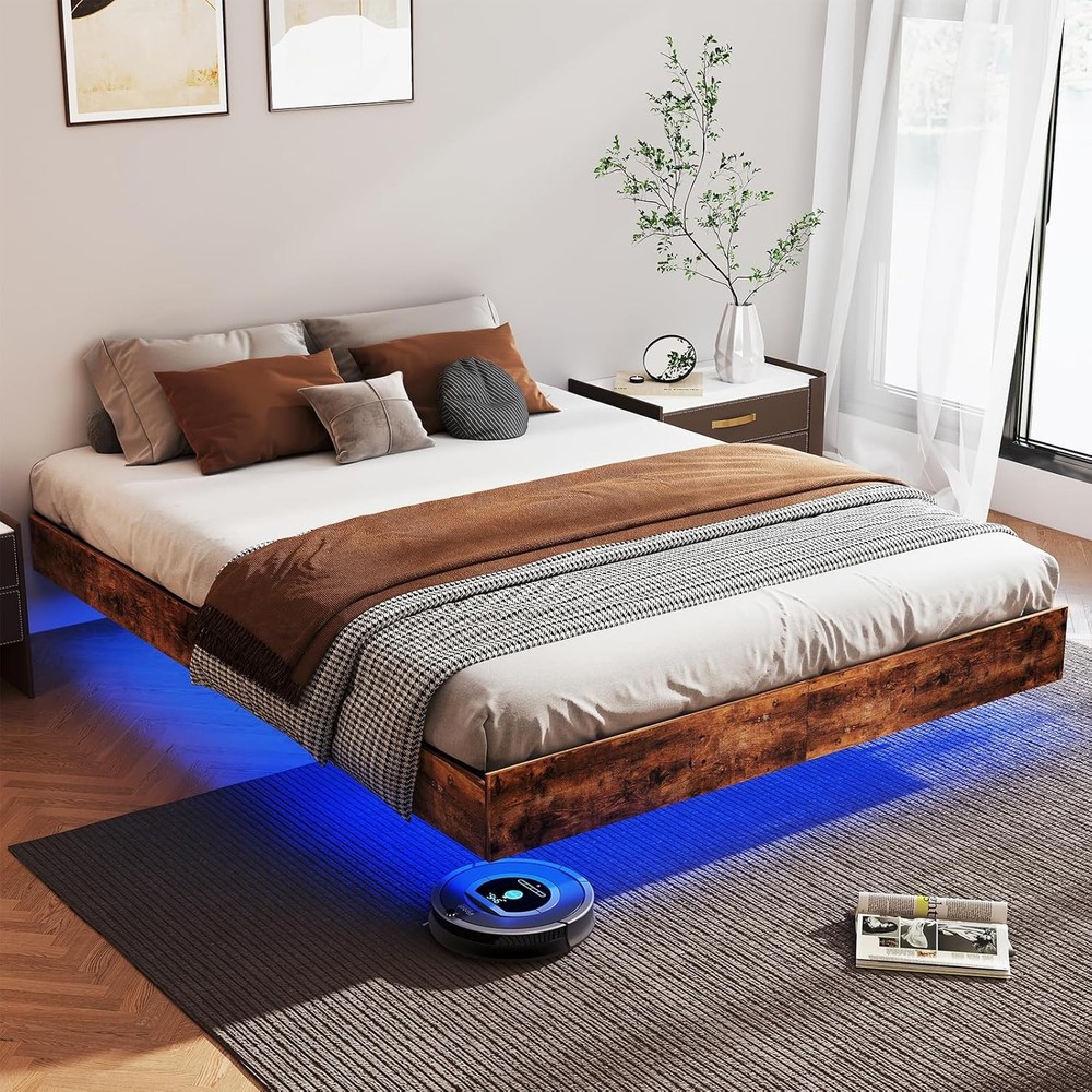 Floating Full/Queen/King Bed Frame with LED Lights, No Box Spring Needed