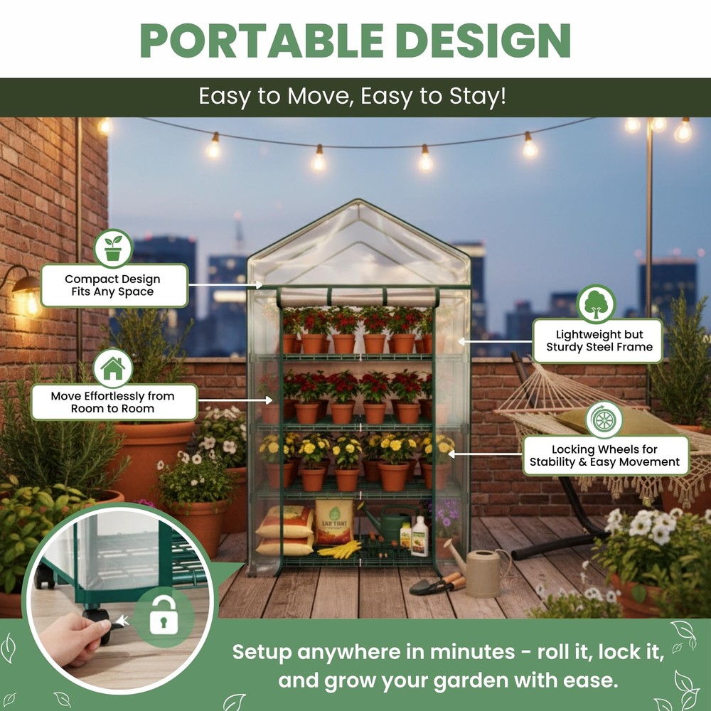 4 Tier Mini Greenhouse - Portable with Locking 4 Tier, Green
