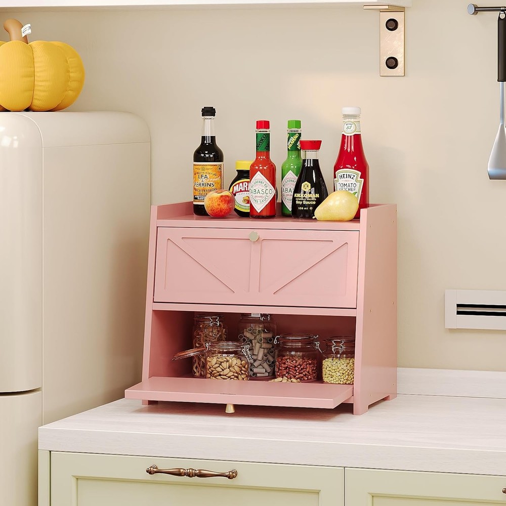 Retro double-layer bread box, suitable for kitchen countertops (pink)