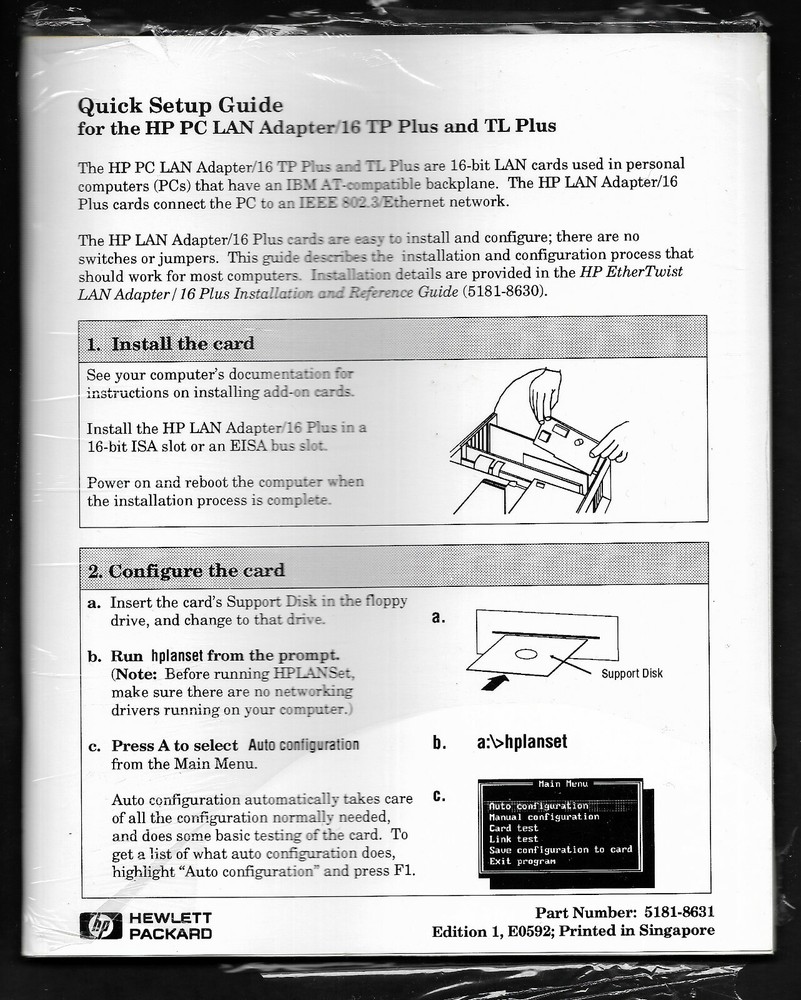 Quick Setup  Guide HP PC LAN Adapter/16 TP Plus and TL Plus #5181-8631