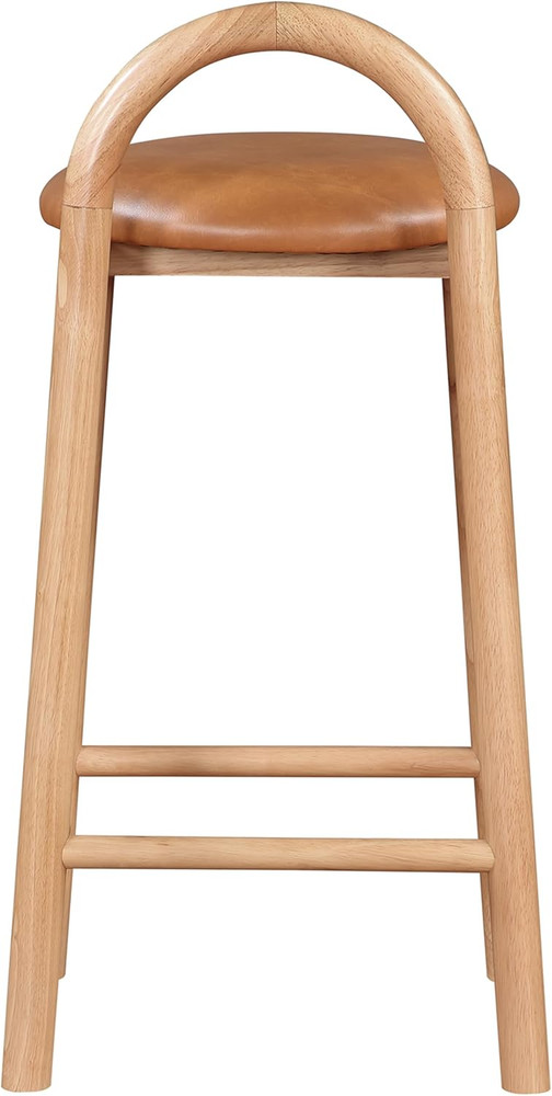 Cognac Vegan Leather Mid-Century Modern Stool with Solid Wood Frame