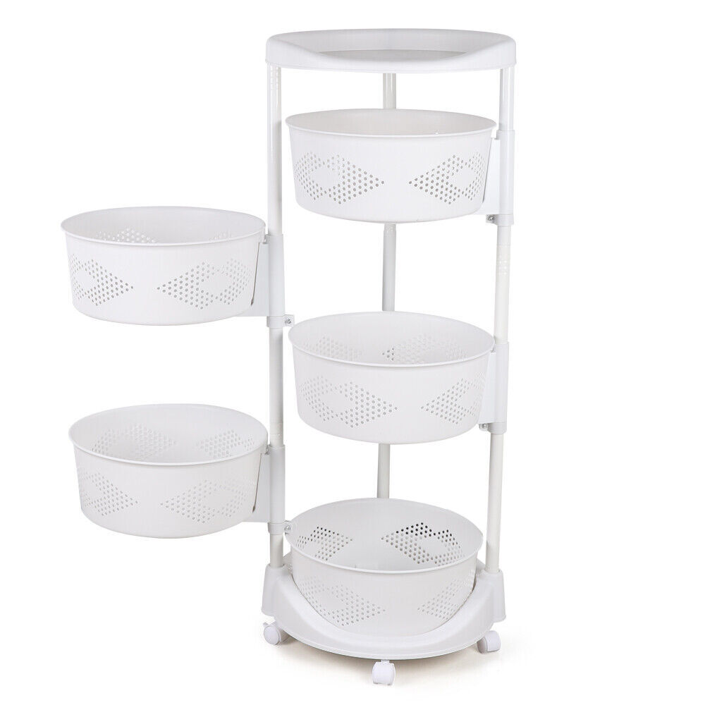 5 Layer Kitchen Rotating Organizer Rack Fruit Vegetable Storage Basket w/ Wheels