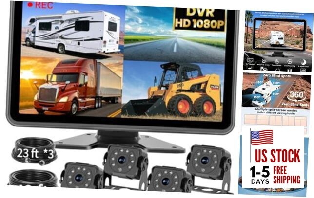 4 Wired Backup Camera System: 10.1" 1080P Touch DVR Recording Quad Split