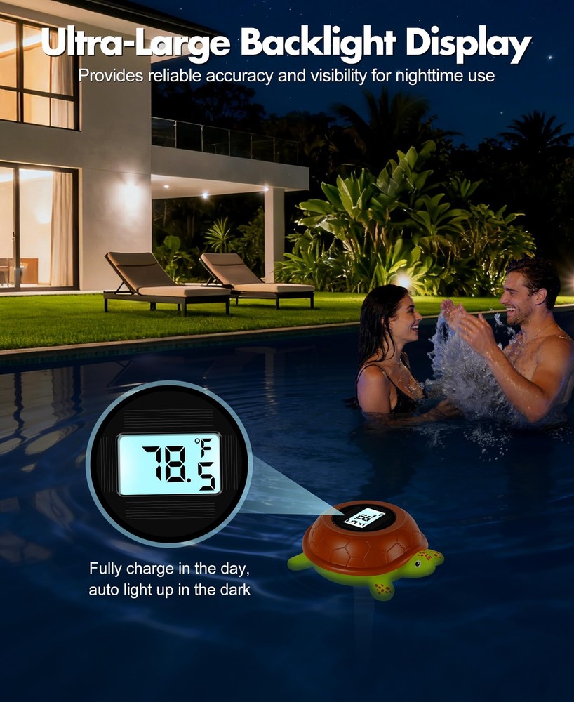 LuxBlue Turtle Floating Pool Thermometer Solar Powered | Ultra-Precise White