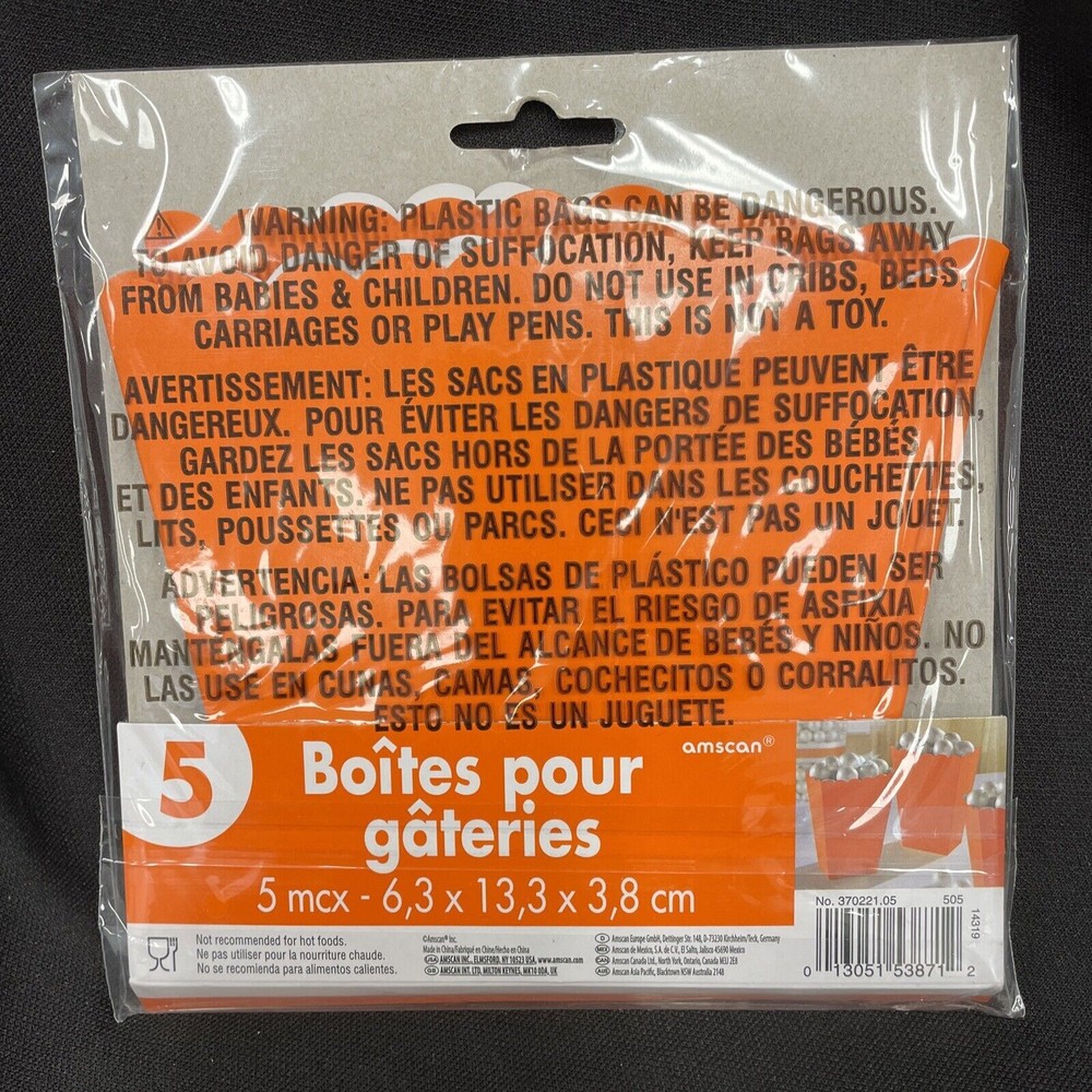 Treat/Popcorn Box - Orange 5/pkg 2.5”x5.25”x1.5”