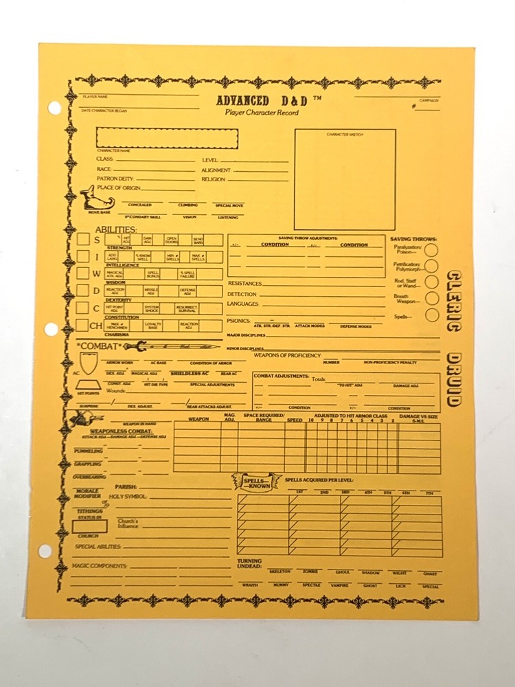CLASSIC! AD&D Player Character Record Sheet (DRUID, CLERIC) UNUSED E1