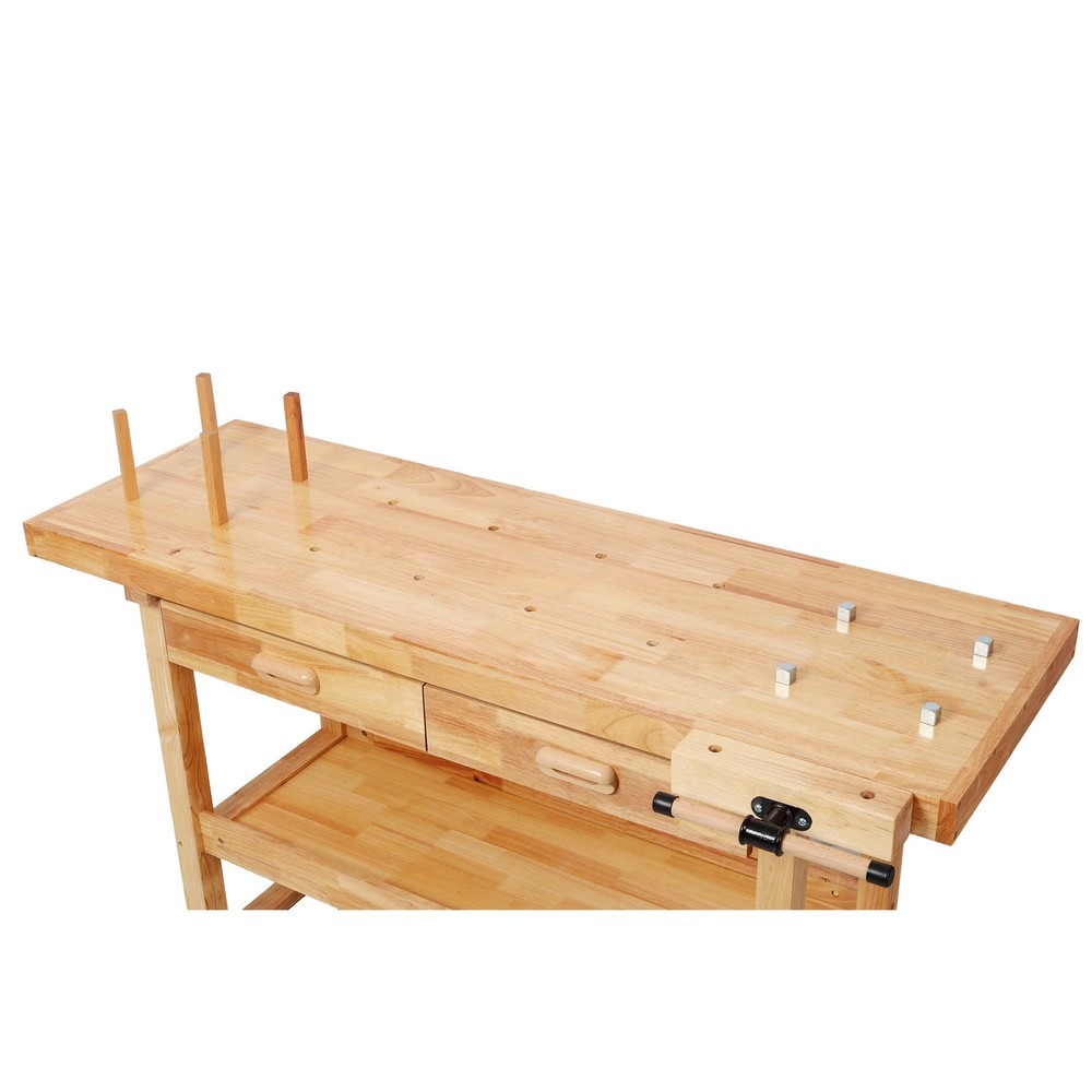 60" Solid Rubberwood Workbench 330lb Heavy Duty Wood Table w/ 2 Drawers & Vise