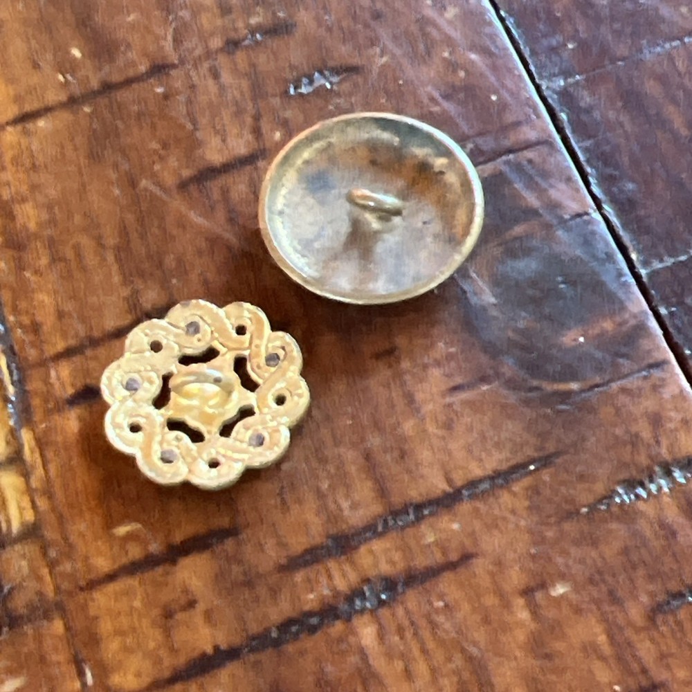 2 SMALL ANTIQUE ENAMEL METAL BRASS BUTTONS