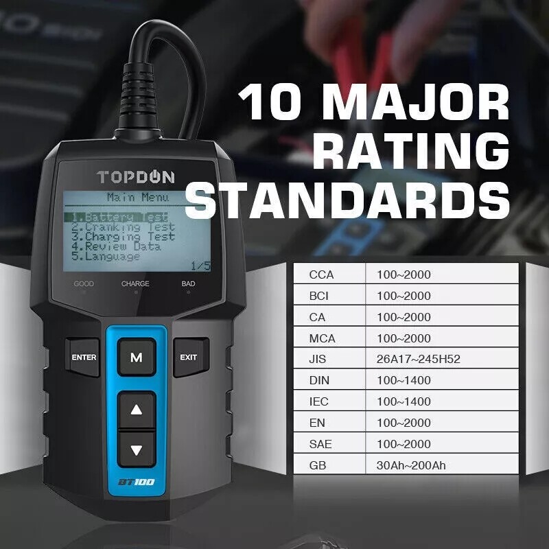 TOPDON BT100 Car Battery Tester 12V Load Tester Charging System Analyzer