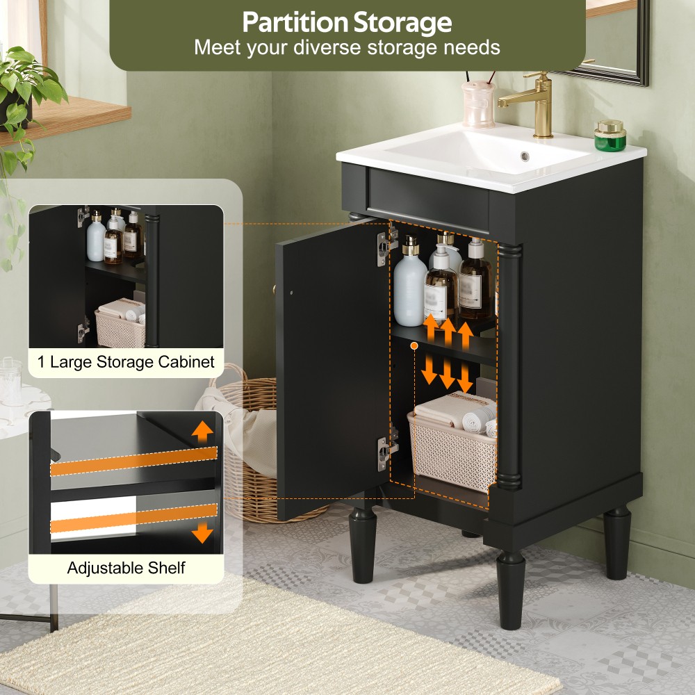 French Bathroom Vanity with Ceramic Sink & Soft-Closing Doors, Black