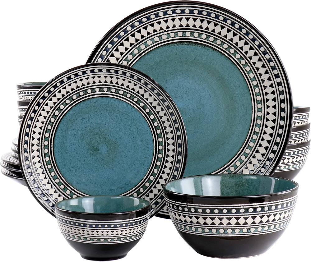 Blue Sage 16 Piece Double Bowl Stoneware Dinnerware Set in Blue