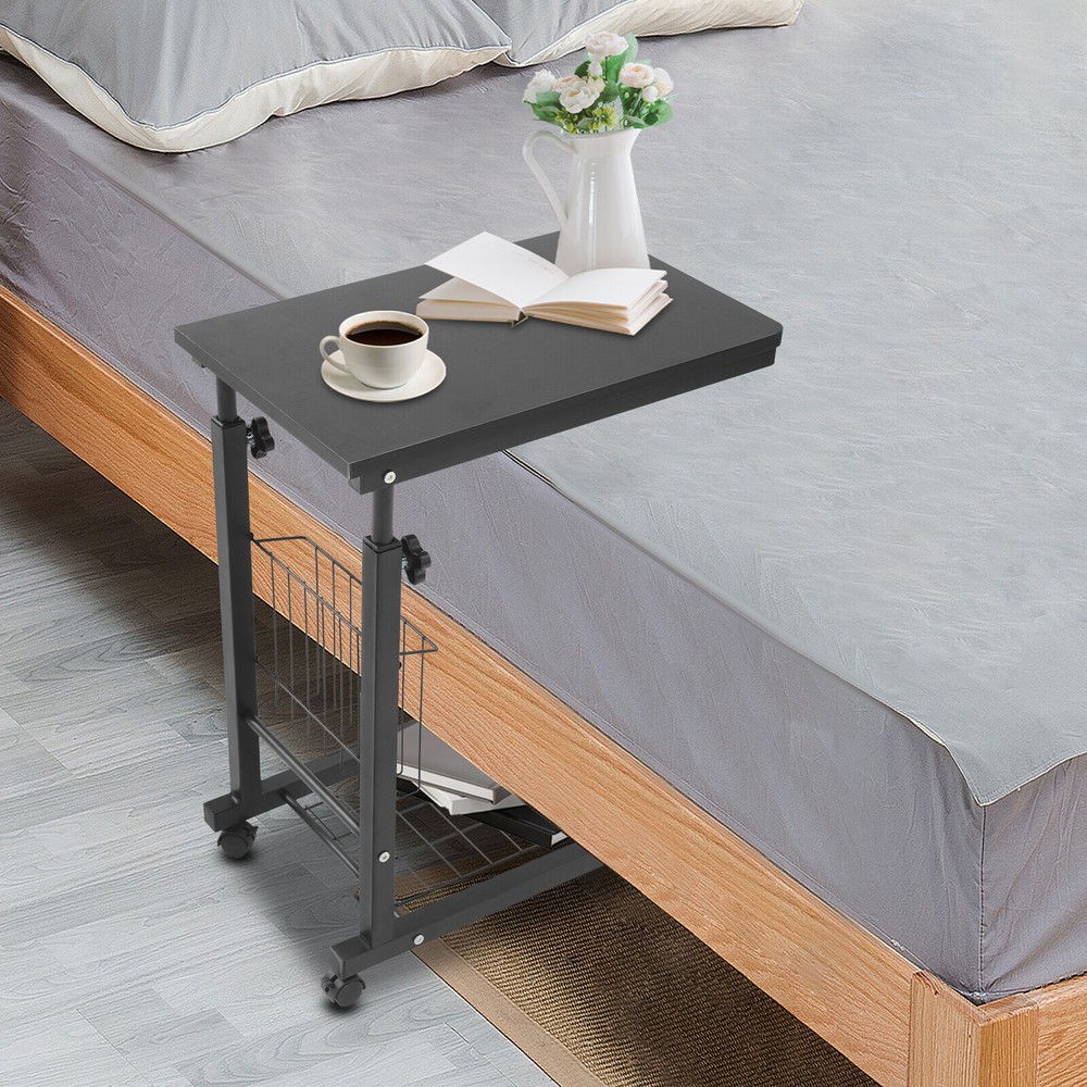 2 Tiers Adjustable Bed Side Table Black Indoor Mobile Standalone Table w/ Wheels