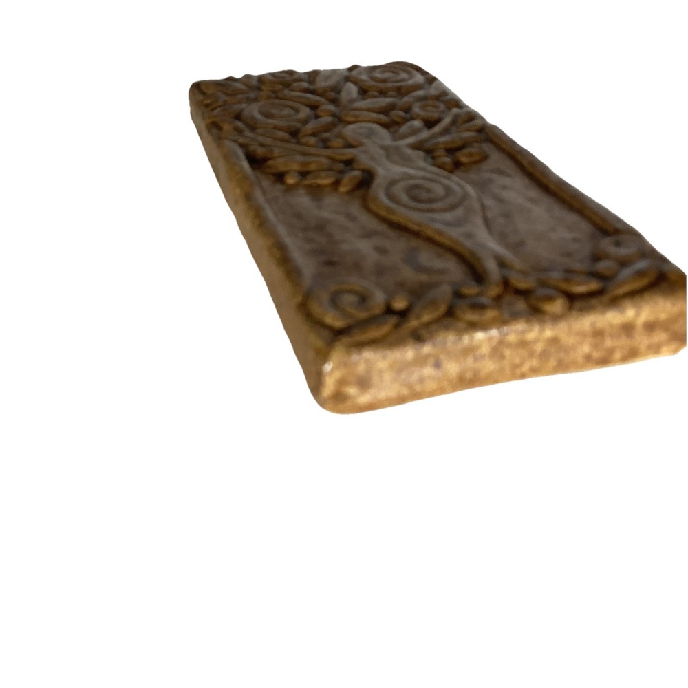 Tree Goddess Rectangle Art Pottery Tile Brown Drip Glazed