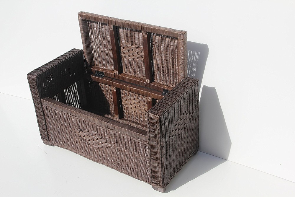 Handmade Rectangular Chest Ottoman Bruno Rattan Wicker w/Cushion 32", Dark Brown