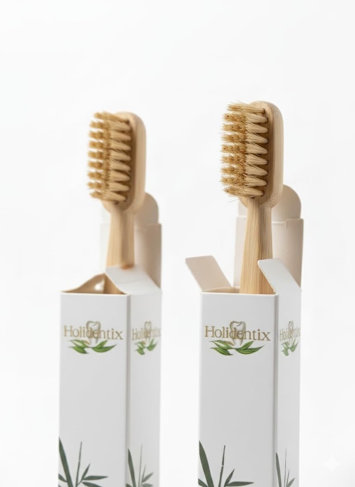 Holidentix Manual Toothbrush, Bamboo Handle, Boar Bristles, Biodegradable, Plast