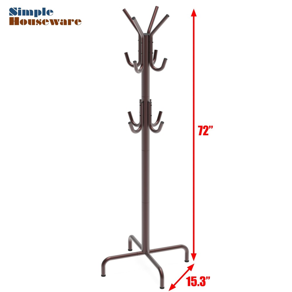 Standing Coat and Hat Hanger Organizer Rack, 12 Hooks, Bronze