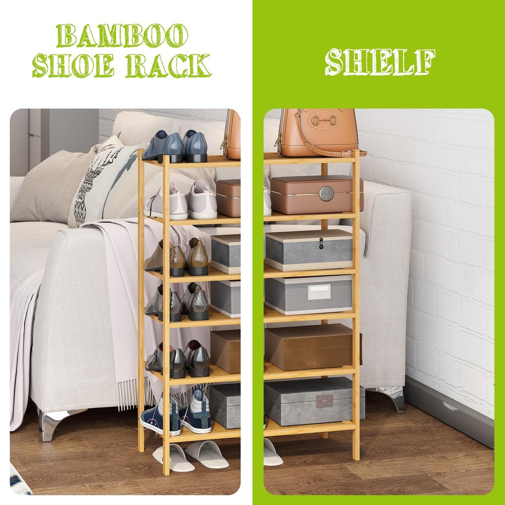 6-Tier Bamboo Small Shoe Rack Premium Stackable Shoe Shelf Storage Organizer ...