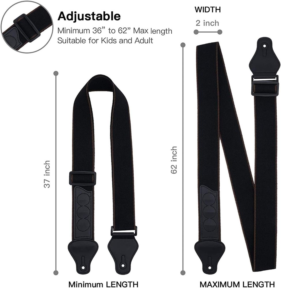 Comfortable Cotton Guitar Strap with Leather Ends & Strap Locks - Universal Fit