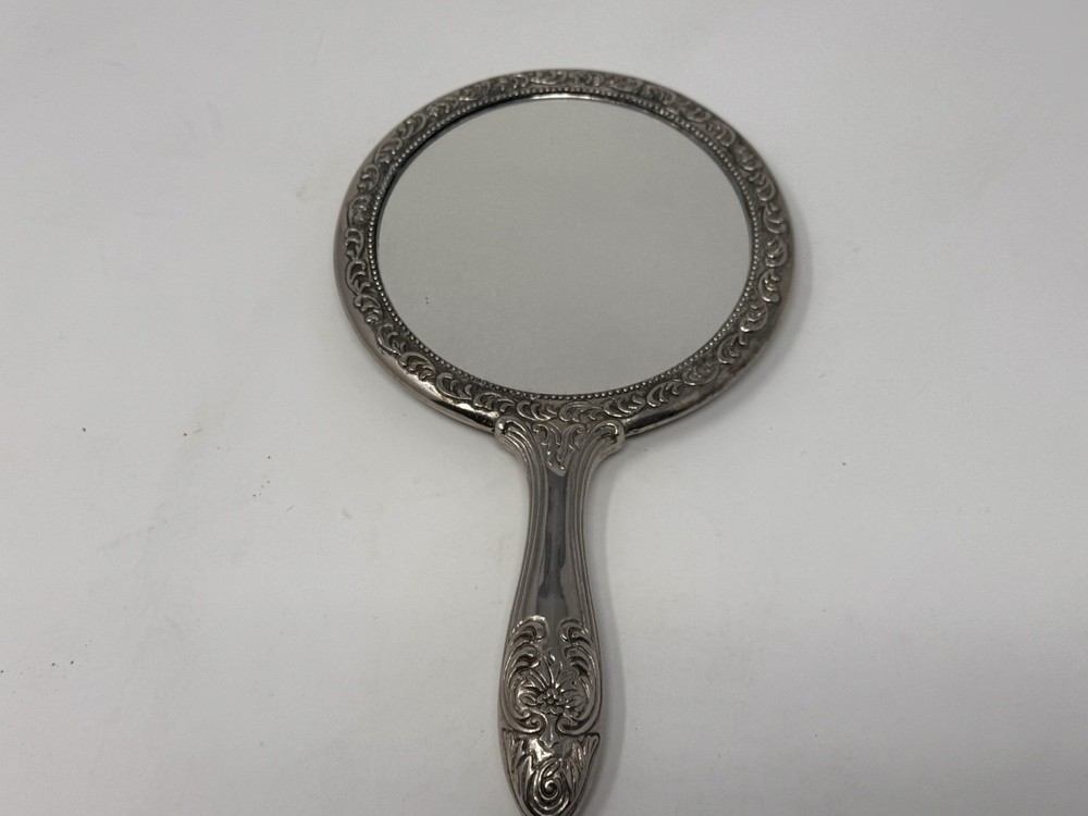 Antique Silverplate Vanity Hand Mirror Rose Pattern Floral Design